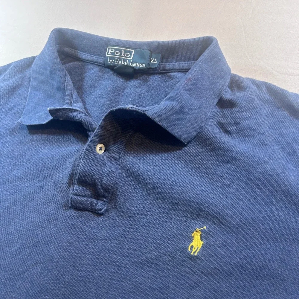 Polo Ralph Lauren Mens XL Navy Blue Short Sleeve Pique Polo Shirt Yellow Pony